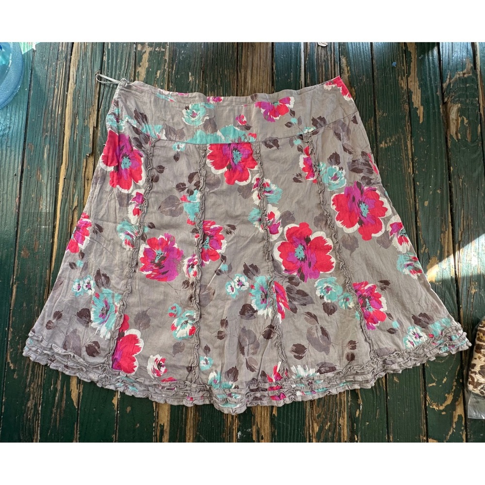 Monsoon Grey Pink Floral Ruffle Mini Skirt Womens US 18 UK 22 Boho Tiered Hem